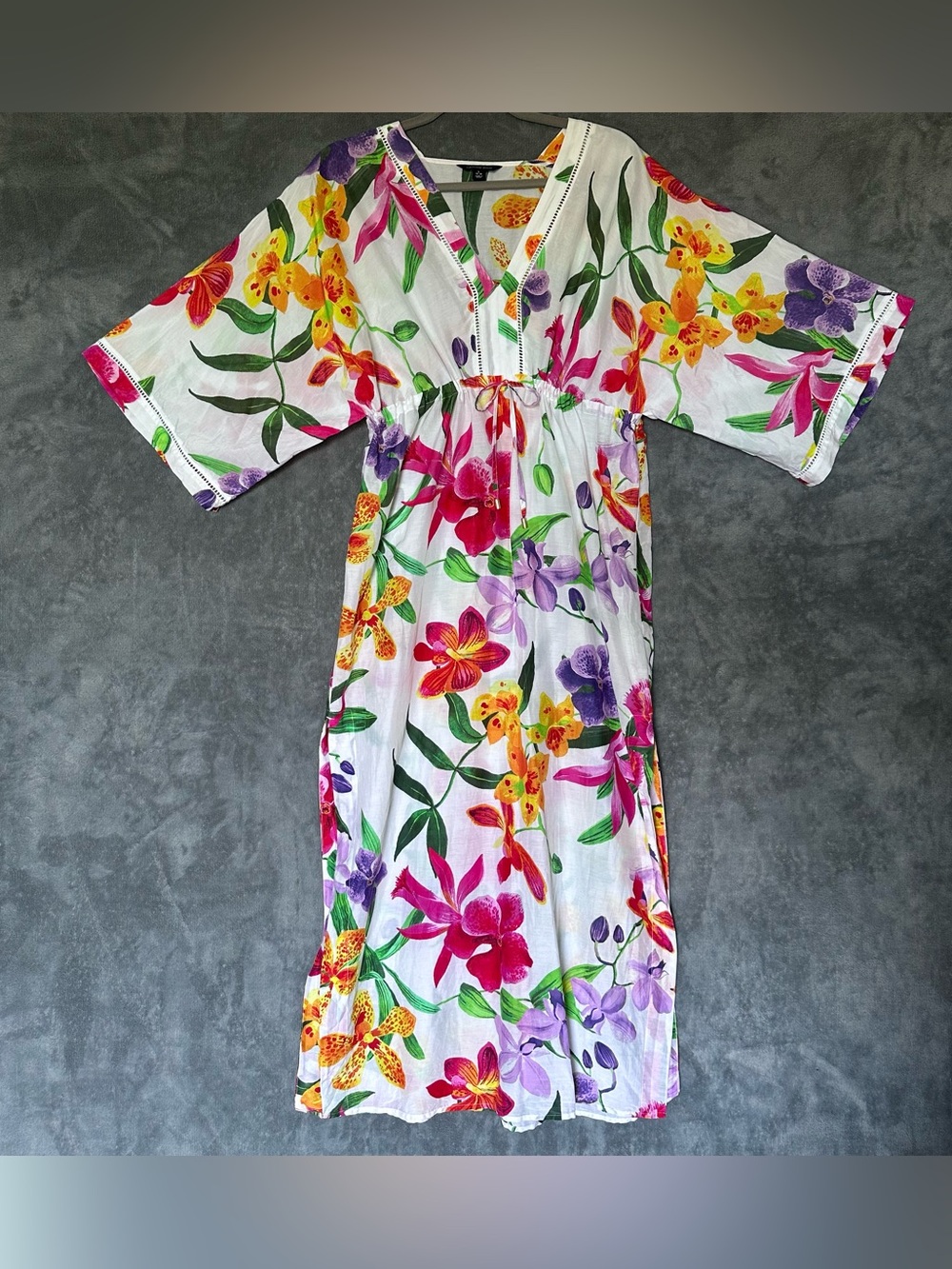Lands' End Tropical Floral Maxi Kaftan Muumuu Kimono Sleeves 14 16 Cotton Silk